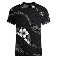 Aloha Hawaii Floral Tapa Women V-Neck T-Shirt Patchwork Charcoal - Polynesian Pride