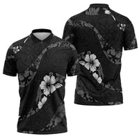 Aloha Hawaii Floral Tapa Zipper Polo Shirt Patchwork Charcoal - Polynesian Pride