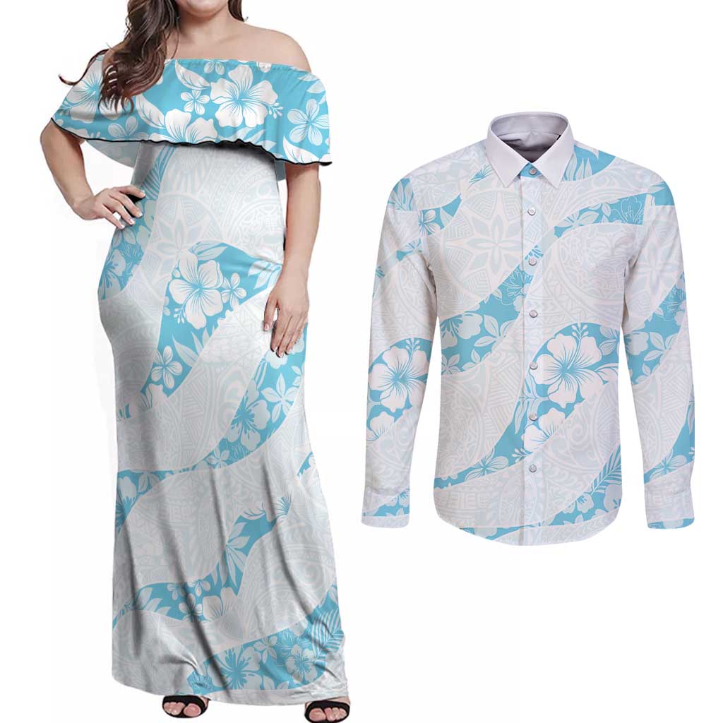 Aloha Hawaii Floral Tapa Couples Matching Off Shoulder Maxi Dress and Long Sleeve Button Shirt Patchwork Turquoise - Polynesian Pride