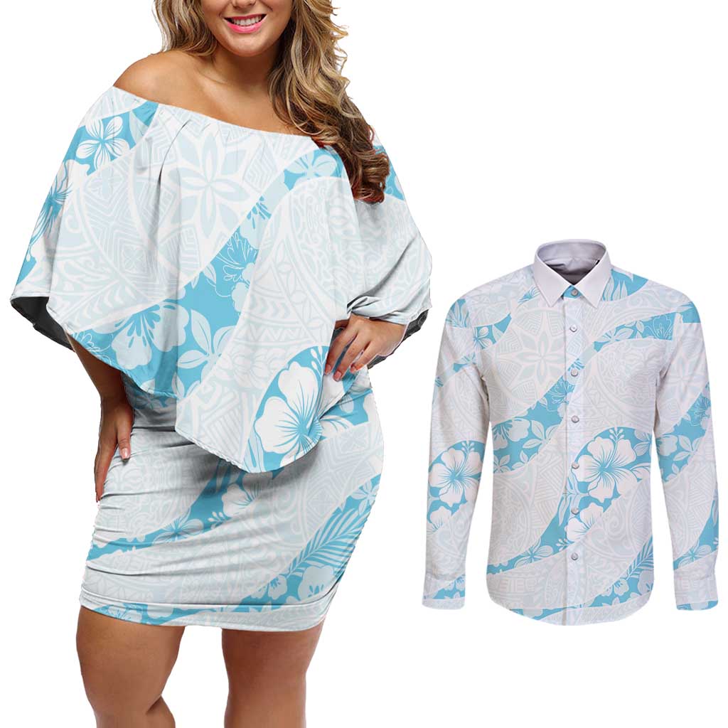 Aloha Hawaii Floral Tapa Couples Matching Off Shoulder Short Dress and Long Sleeve Button Shirt Patchwork Turquoise - Polynesian Pride