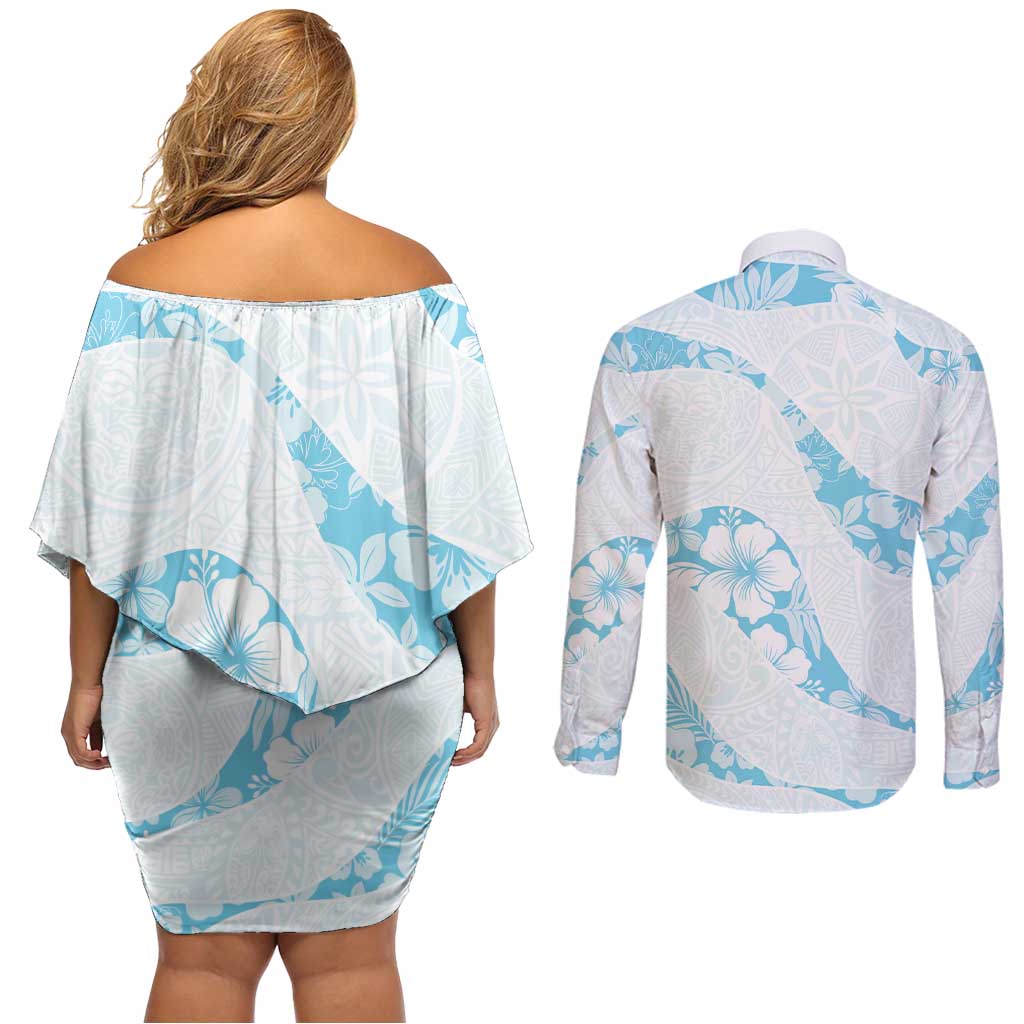 Aloha Hawaii Floral Tapa Couples Matching Off Shoulder Short Dress and Long Sleeve Button Shirt Patchwork Turquoise - Polynesian Pride