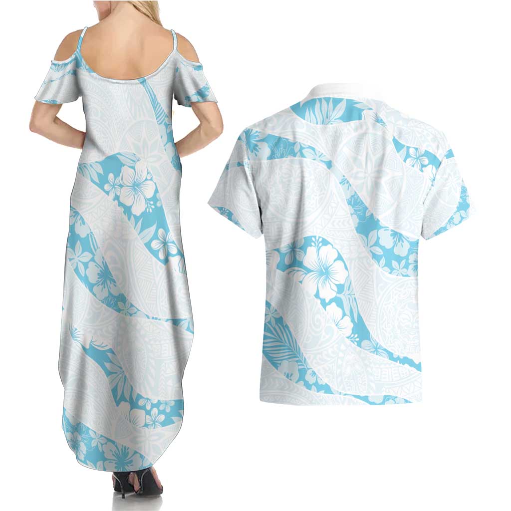 Aloha Hawaii Floral Tapa Couples Matching Summer Maxi Dress and Hawaiian Shirt Patchwork Turquoise - Polynesian Pride