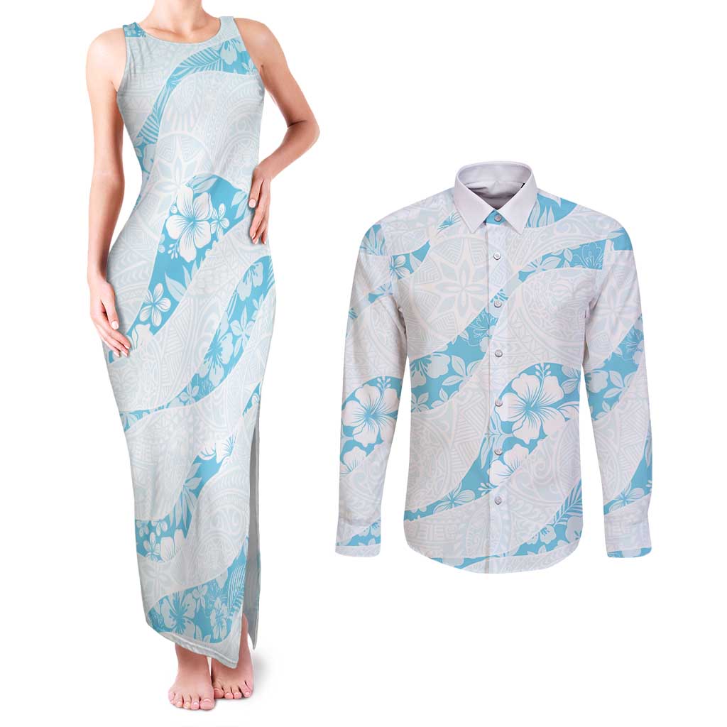 Aloha Hawaii Floral Tapa Couples Matching Tank Maxi Dress and Long Sleeve Button Shirt Patchwork Turquoise - Polynesian Pride