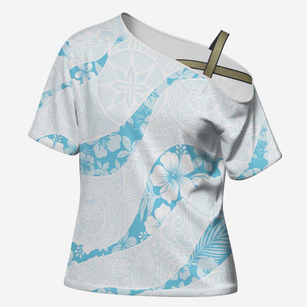 Aloha Hawaii Floral Tapa Cross Shoulder Shirt Patchwork Turquoise - Polynesian Pride