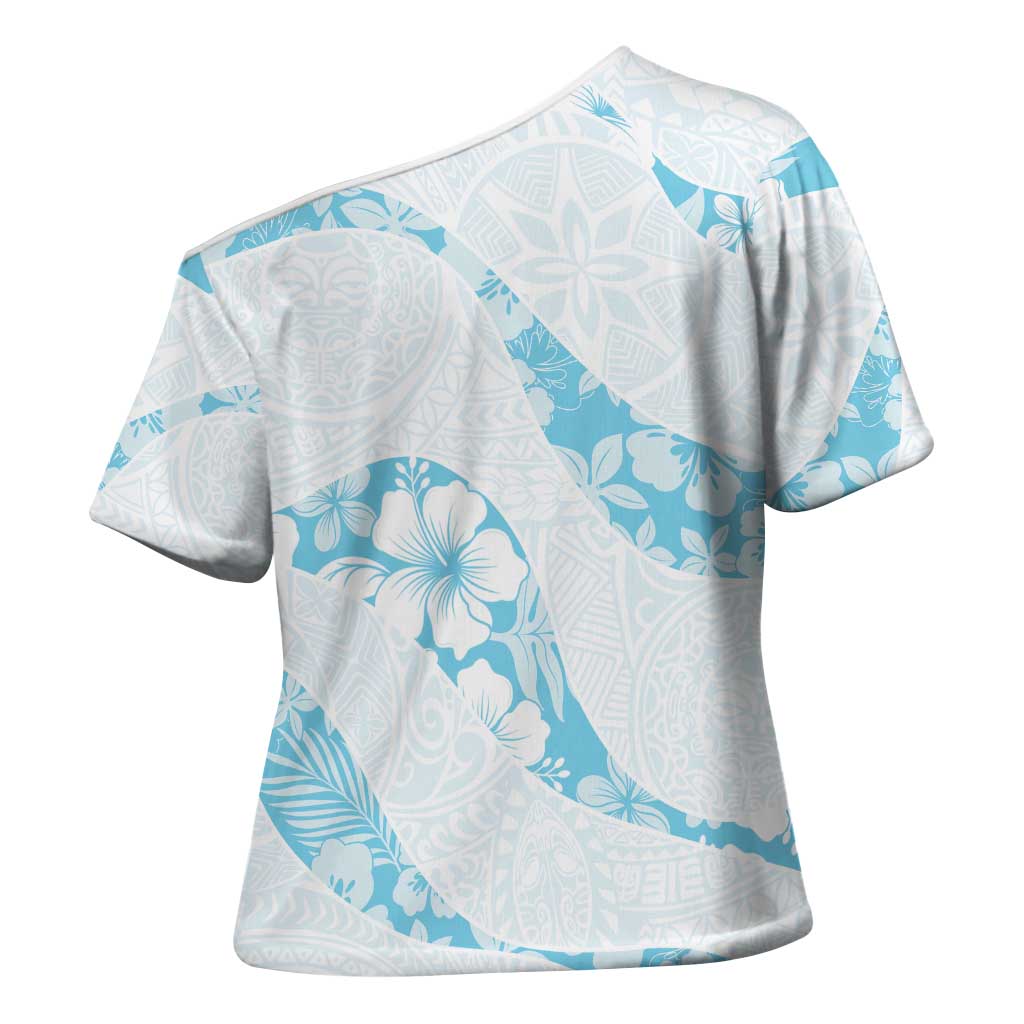 Aloha Hawaii Floral Tapa Cross Shoulder Shirt Patchwork Turquoise - Polynesian Pride