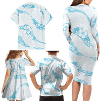 Aloha Hawaii Floral Tapa Family Matching Long Sleeve Bodycon Dress and Hawaiian Shirt Patchwork Turquoise - Polynesian Pride