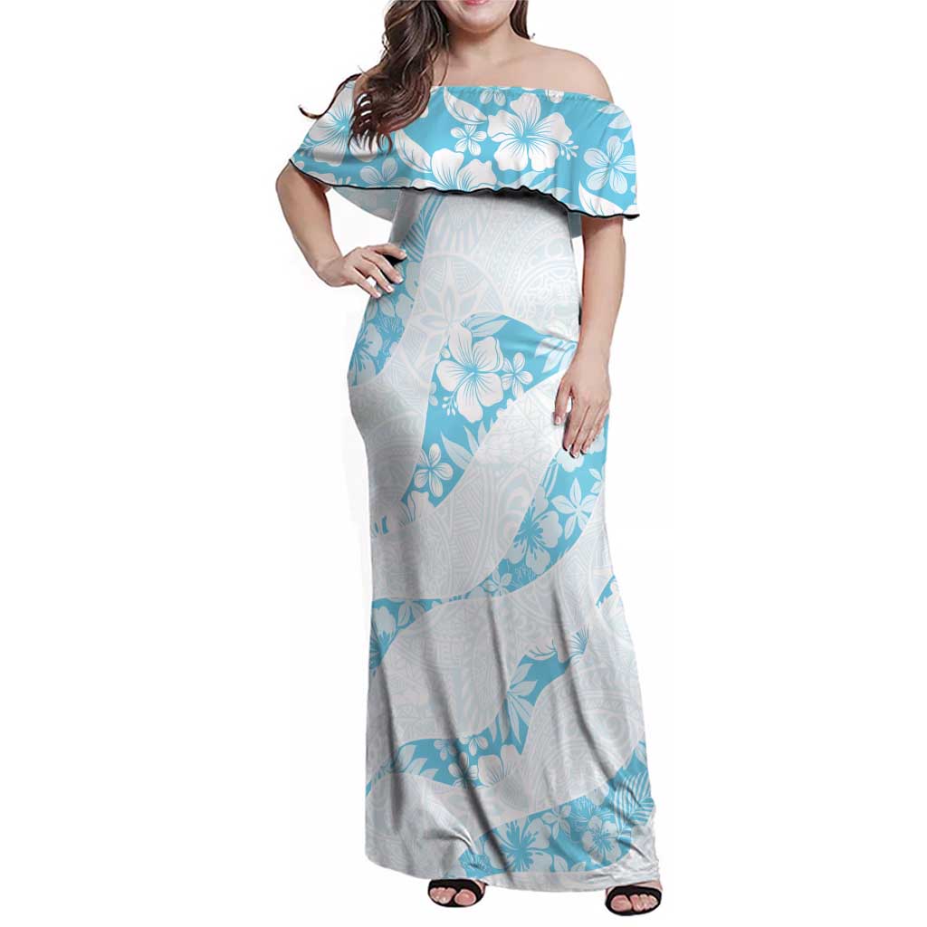 Aloha Hawaii Floral Tapa Family Matching Off Shoulder Maxi Dress and Hawaiian Shirt Patchwork Turquoise - Polynesian Pride