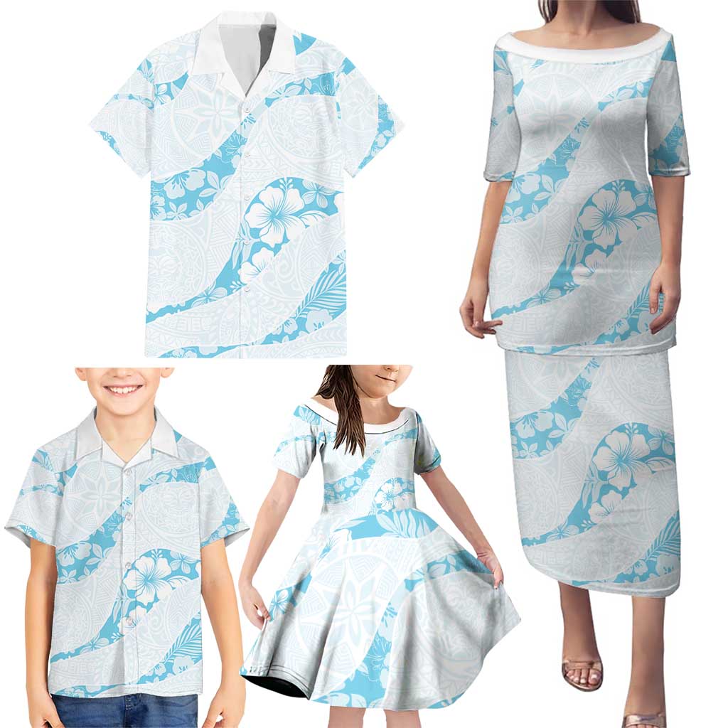 Aloha Hawaii Floral Tapa Family Matching Puletasi and Hawaiian Shirt Patchwork Turquoise - Polynesian Pride