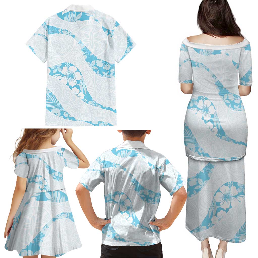 Aloha Hawaii Floral Tapa Family Matching Puletasi and Hawaiian Shirt Patchwork Turquoise - Polynesian Pride