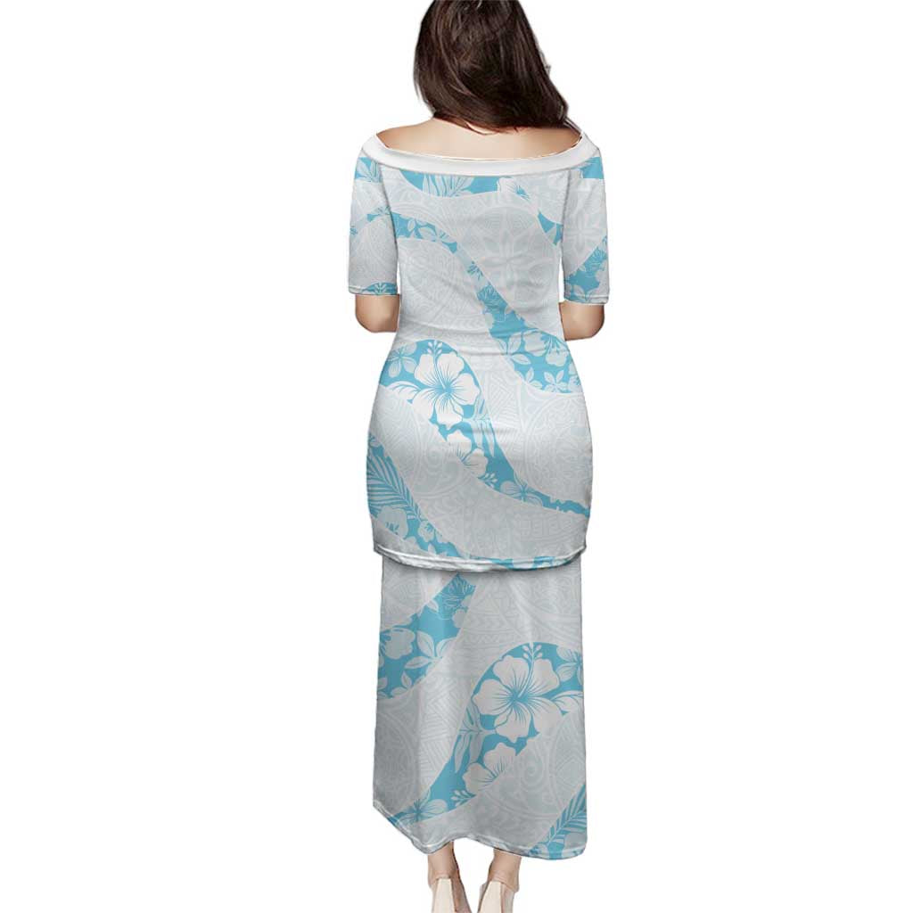 Aloha Hawaii Floral Tapa Family Matching Puletasi and Hawaiian Shirt Patchwork Turquoise - Polynesian Pride