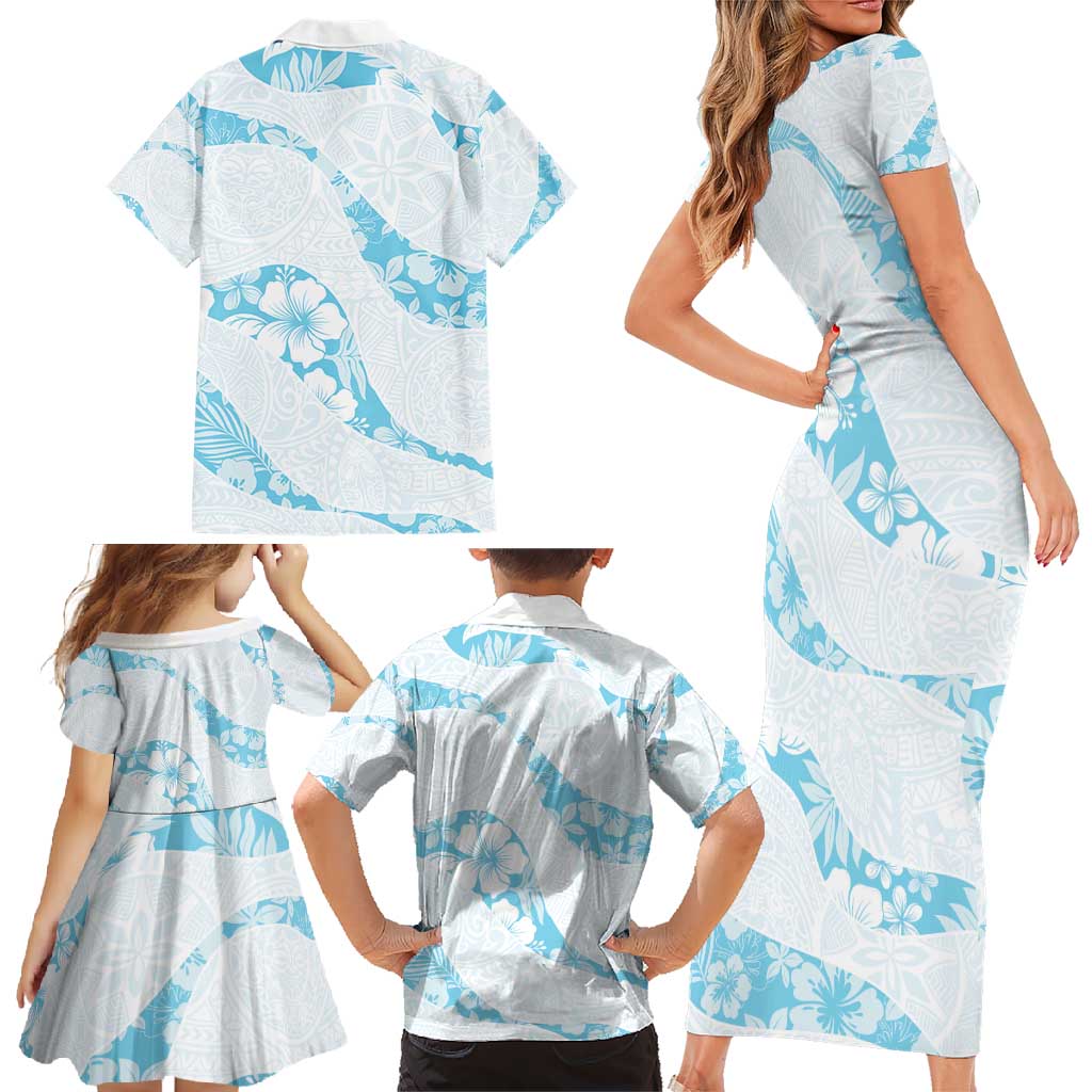 Aloha Hawaii Floral Tapa Family Matching Short Sleeve Bodycon Dress and Hawaiian Shirt Patchwork Turquoise - Polynesian Pride
