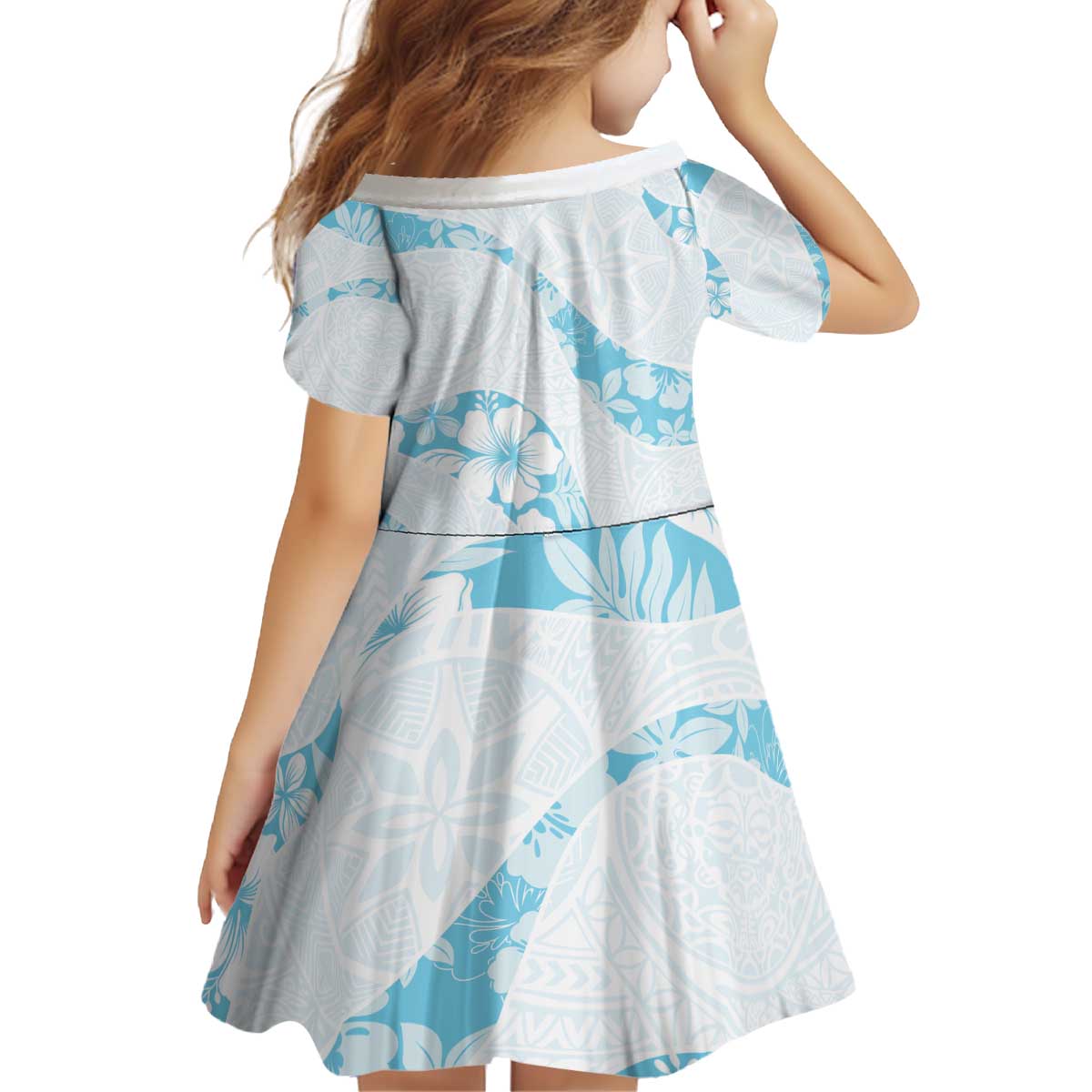 Aloha Hawaii Floral Tapa Kid Short Sleeve Dress Patchwork Turquoise - Polynesian Pride