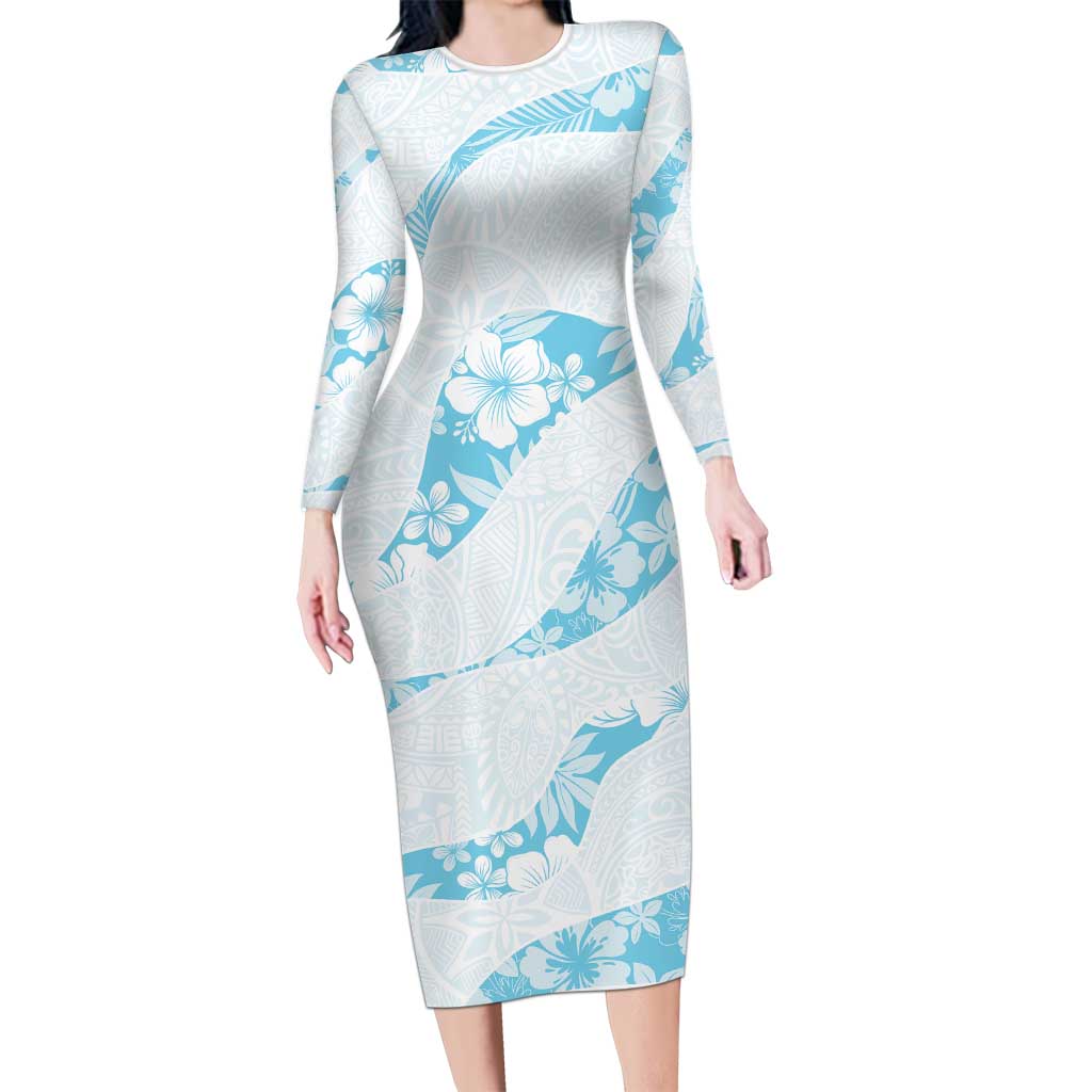 Aloha Hawaii Floral Tapa Long Sleeve Bodycon Dress Patchwork Turquoise - Polynesian Pride