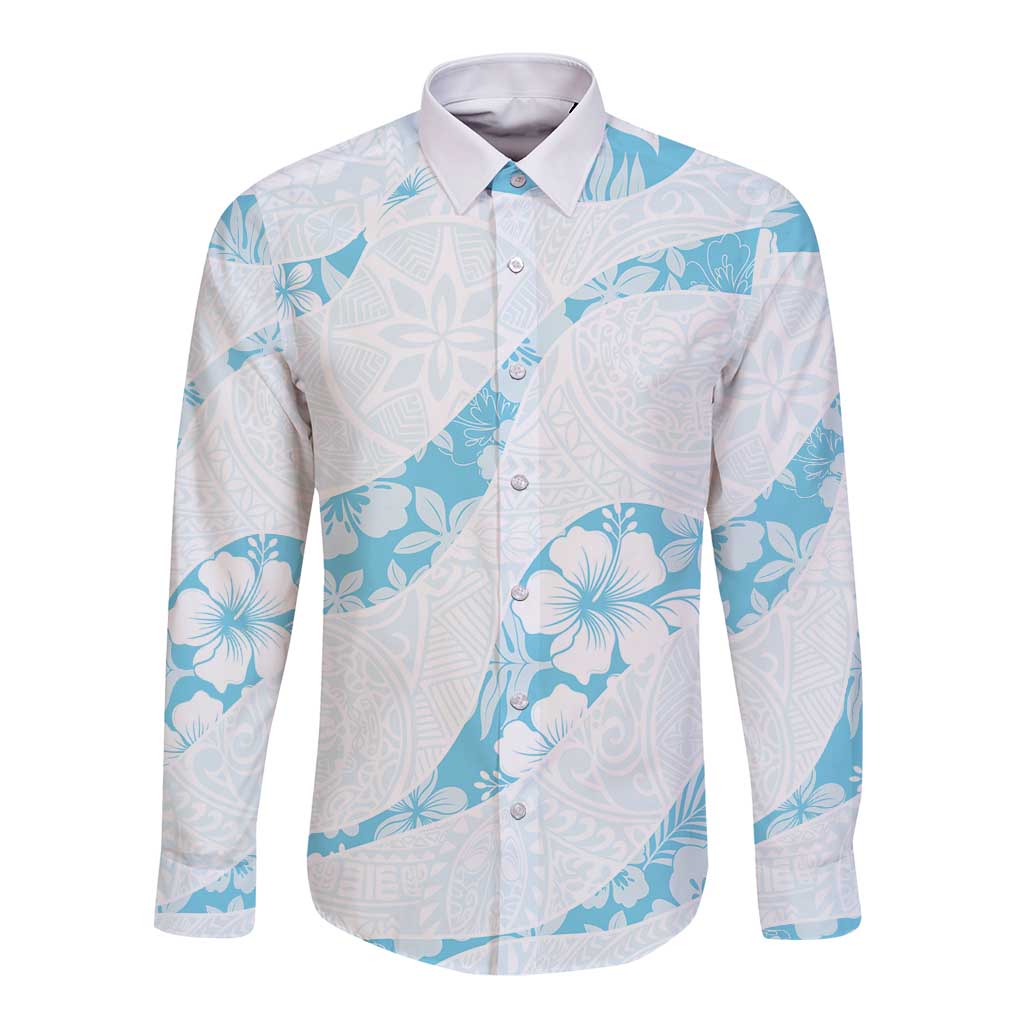 Aloha Hawaii Floral Tapa Long Sleeve Button Shirt Patchwork Turquoise - Polynesian Pride