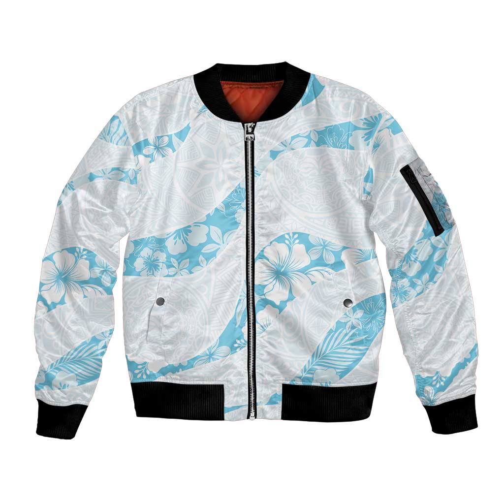 Aloha Hawaii Floral Tapa Sleeve Zip Bomber Jacket Patchwork Turquoise LT7 Unisex Turquoise - Polynesian Pride