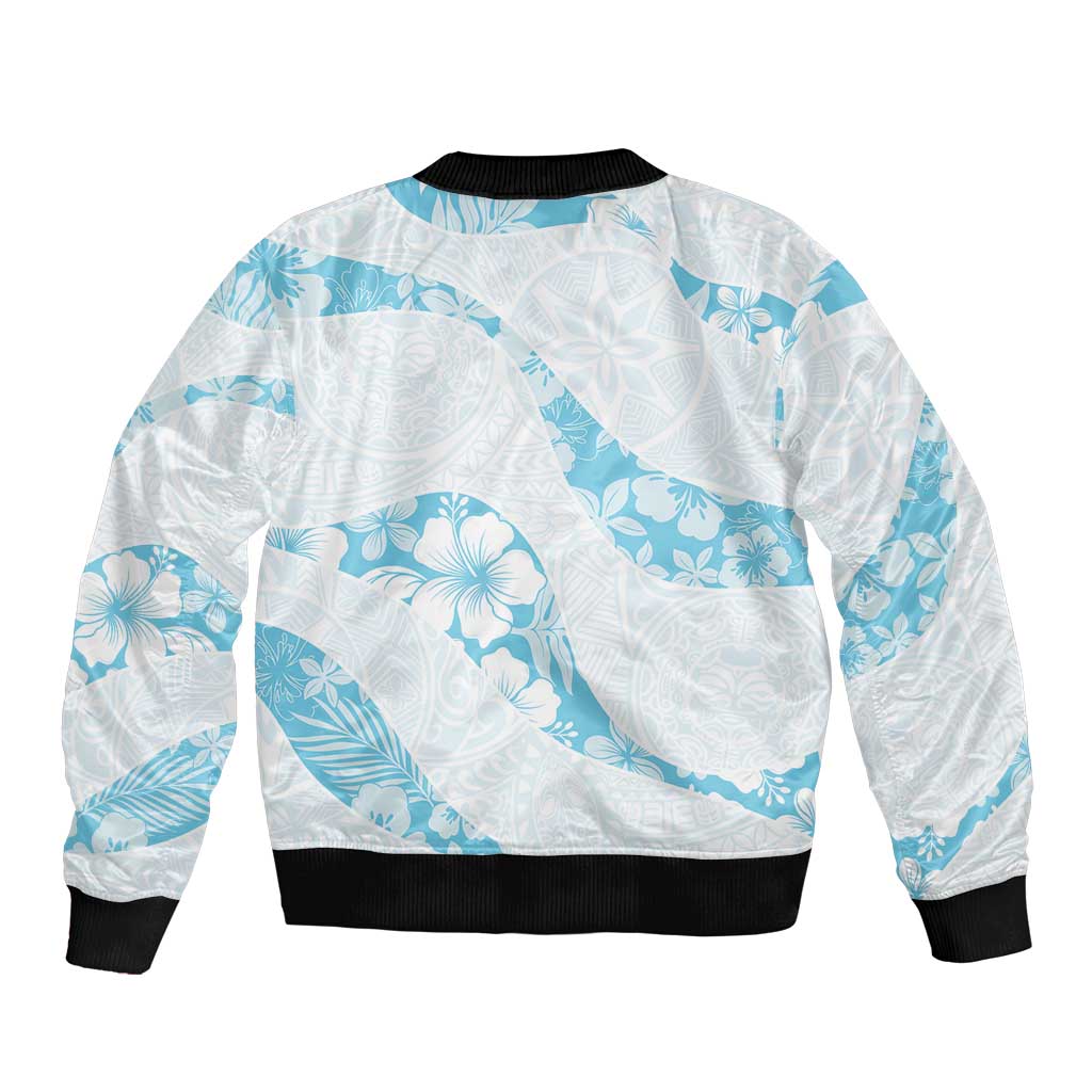 Aloha Hawaii Floral Tapa Sleeve Zip Bomber Jacket Patchwork Turquoise - Polynesian Pride