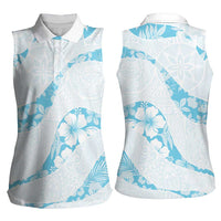 Aloha Hawaii Floral Tapa Women Sleeveless Polo Shirt Patchwork Turquoise - Polynesian Pride