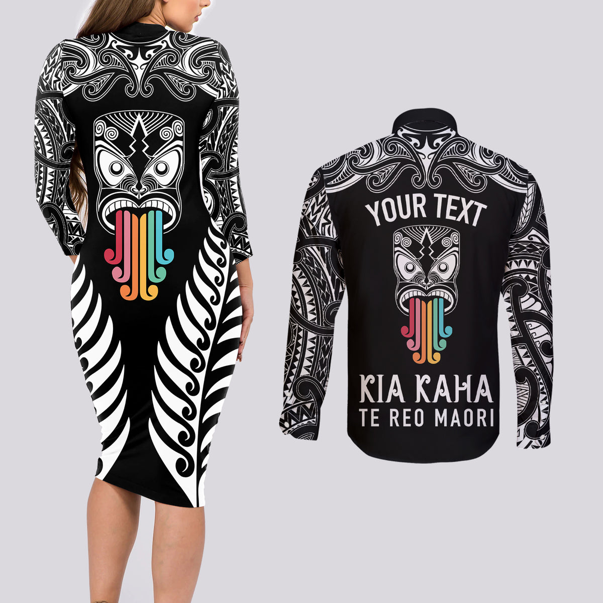 personalised-kia-kaha-te-reo-maori-couples-matching-long-sleeve-bodycon-dress-and-long-sleeve-button-shirts-hei-tiki-mix-koru-black