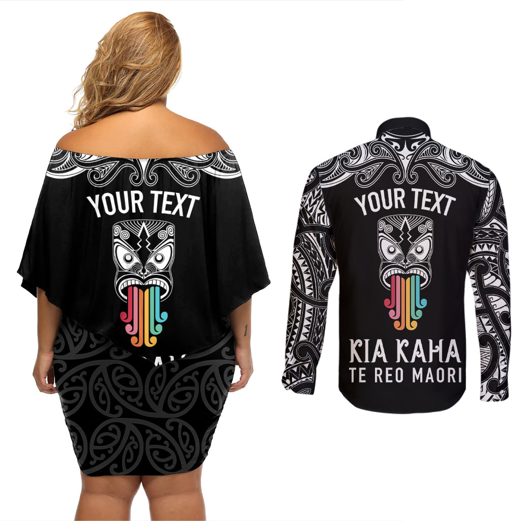 personalised-kia-kaha-te-reo-maori-couples-matching-off-shoulder-short-dress-and-long-sleeve-button-shirts-hei-tiki-mix-koru-black