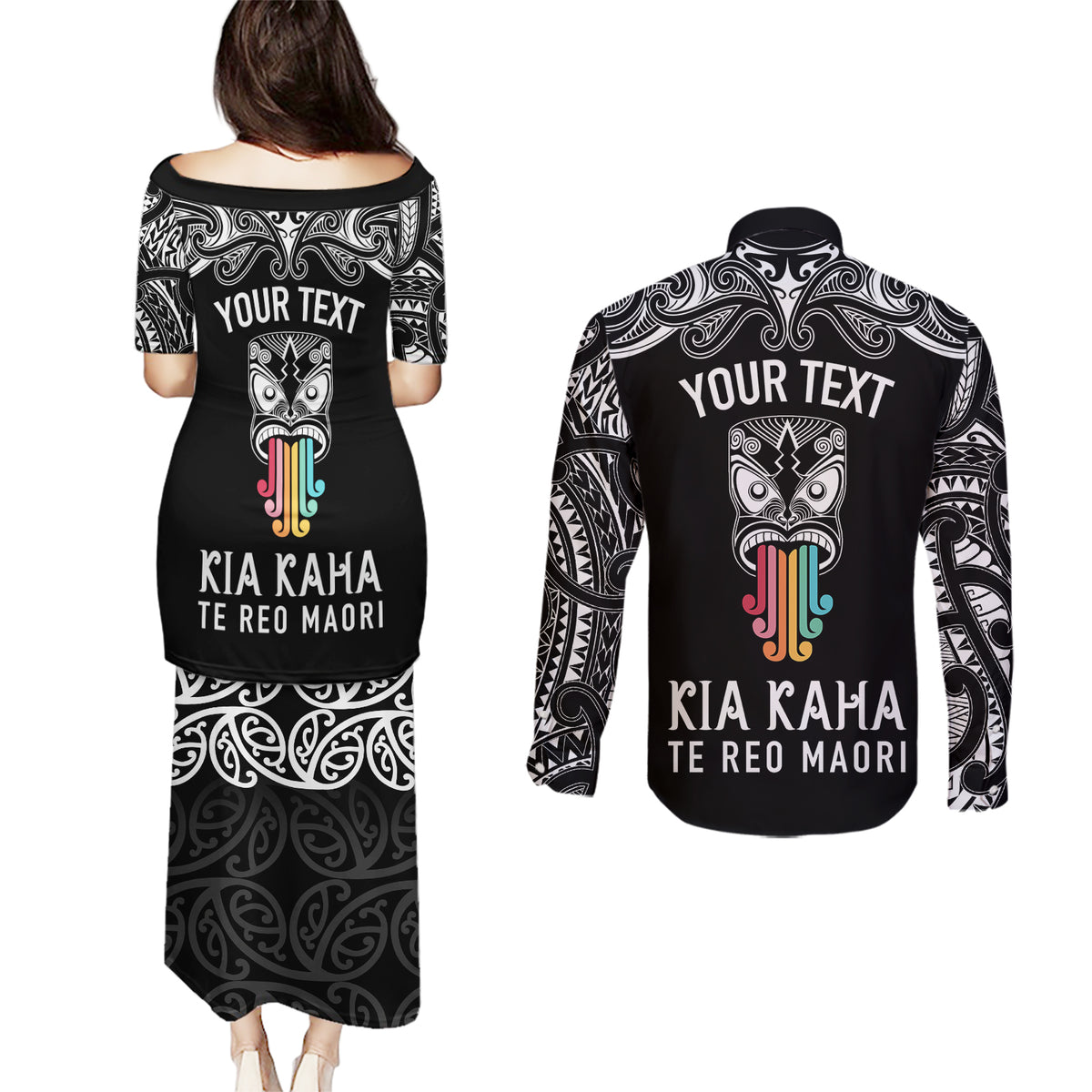 personalised-kia-kaha-te-reo-maori-couples-matching-puletasi-dress-and-long-sleeve-button-shirts-hei-tiki-mix-koru-black