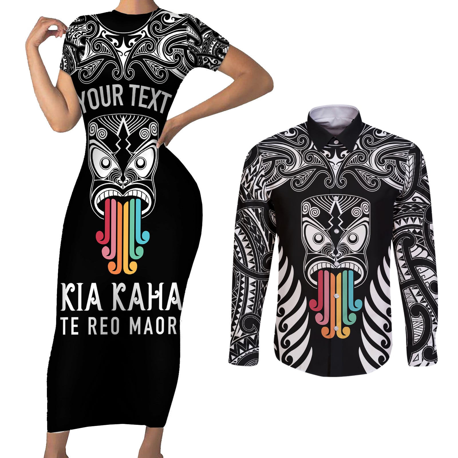 Personalised Kia Kaha Te Reo Maori Couples Matching Short Sleeve Bodycon Dress and Long Sleeve Button Shirts Hei Tiki Mix Koru - Black LT7 Black - Polynesian Pride