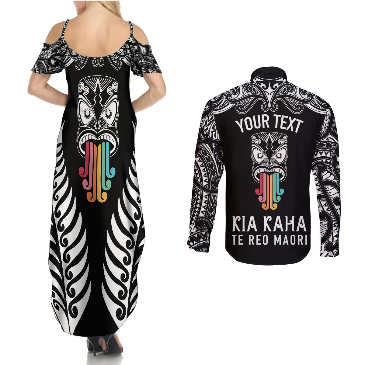 personalised-kia-kaha-te-reo-maori-couples-matching-summer-maxi-dress-and-long-sleeve-button-shirts-hei-tiki-mix-koru-black