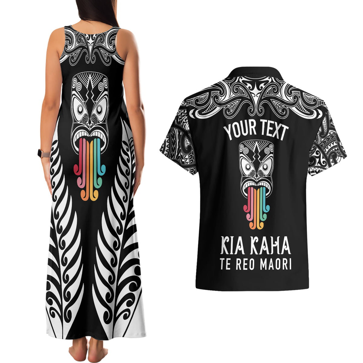 personalised-kia-kaha-te-reo-maori-couples-matching-tank-maxi-dress-and-hawaiian-shirt-hei-tiki-mix-koru-black