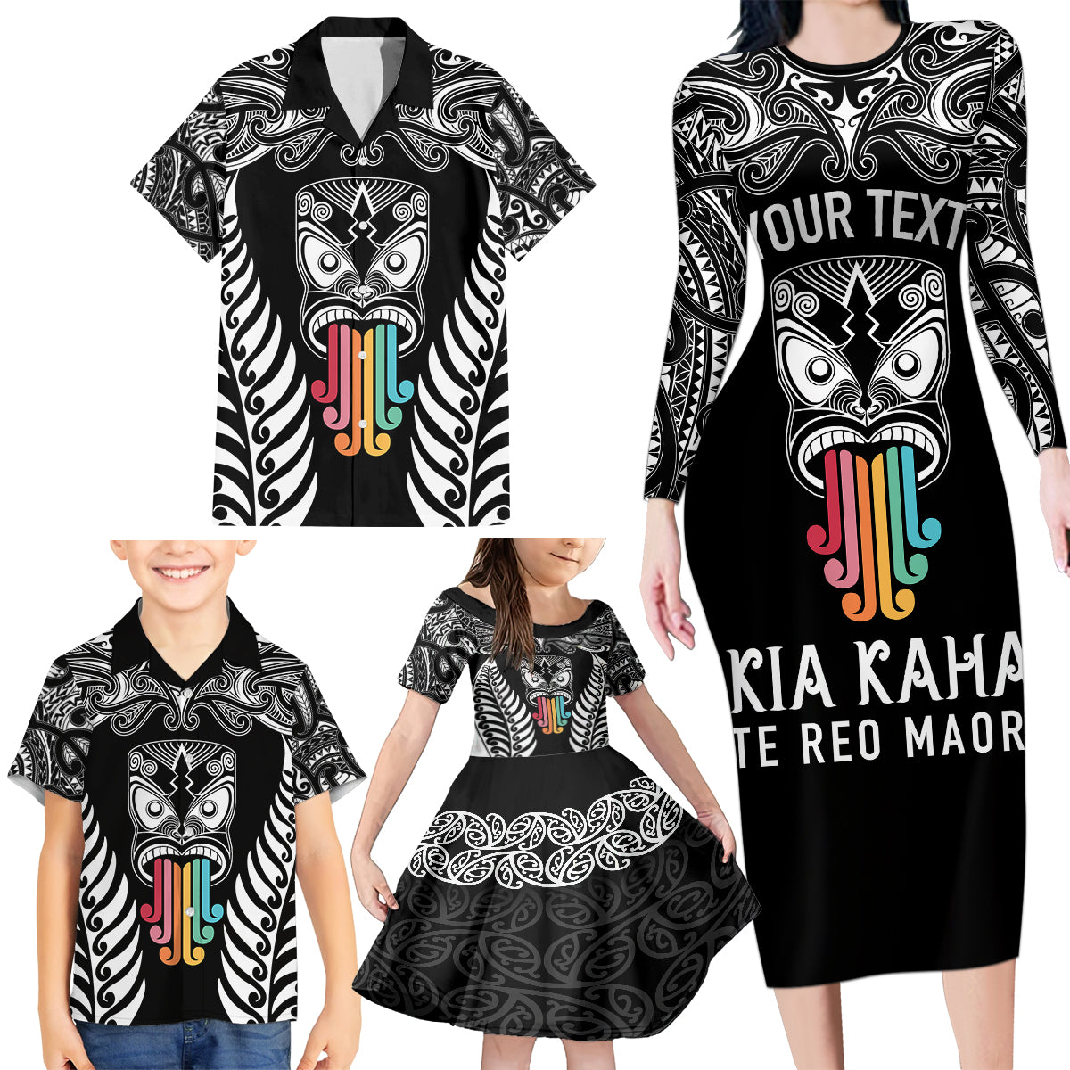 personalised-kia-kaha-te-reo-maori-family-matching-long-sleeve-bodycon-dress-and-hawaiian-shirt-hei-tiki-mix-koru-black