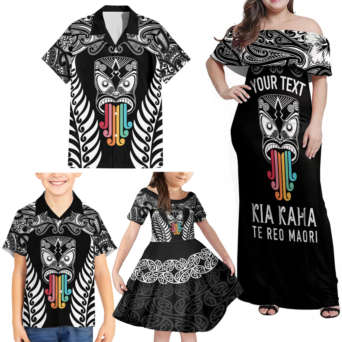 personalised-kia-kaha-te-reo-maori-family-matching-off-shoulder-maxi-dress-and-hawaiian-shirt-hei-tiki-mix-koru-black