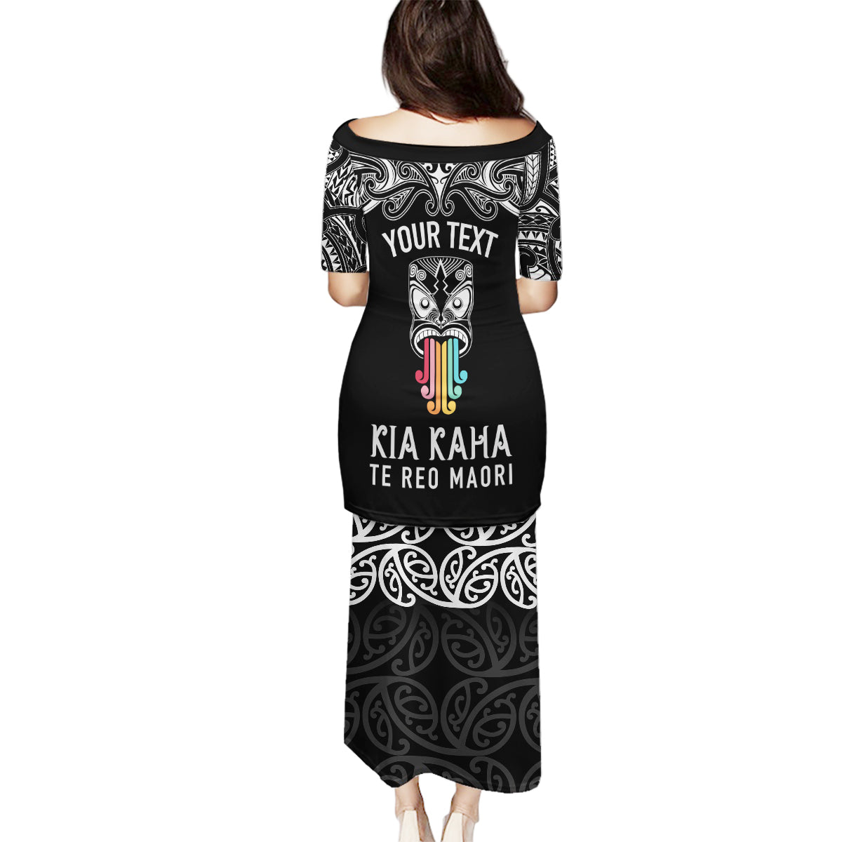 Personalised Kia Kaha Te Reo Maori Family Matching Puletasi Dress and Hawaiian Shirt Hei Tiki Mix Koru - Black LT7 - Polynesian Pride
