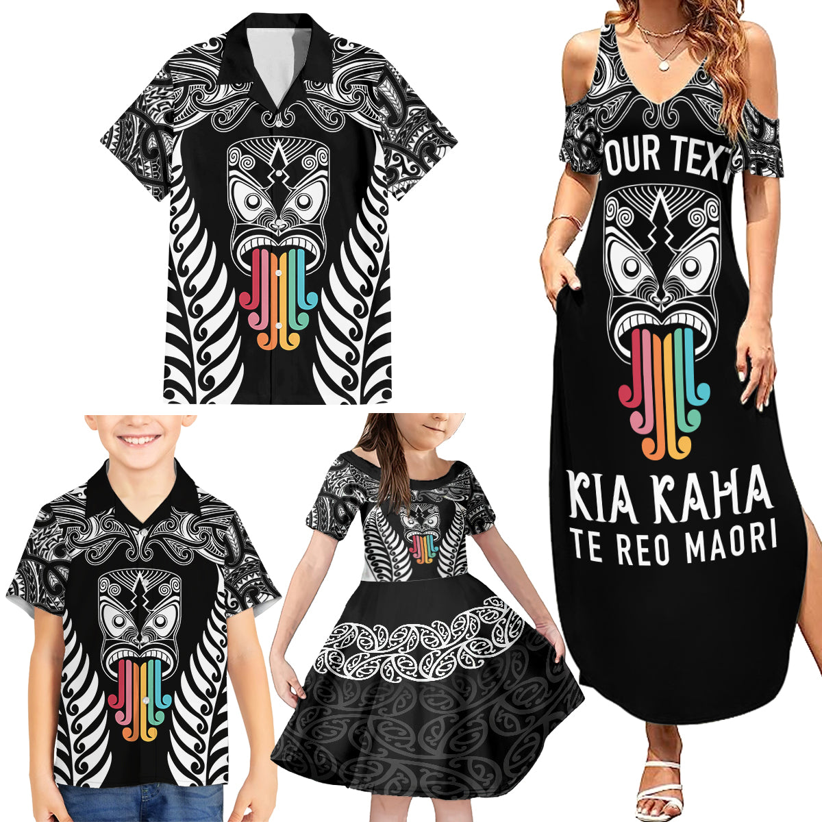 personalised-kia-kaha-te-reo-maori-family-matching-summer-maxi-dress-and-hawaiian-shirt-hei-tiki-mix-koru-black