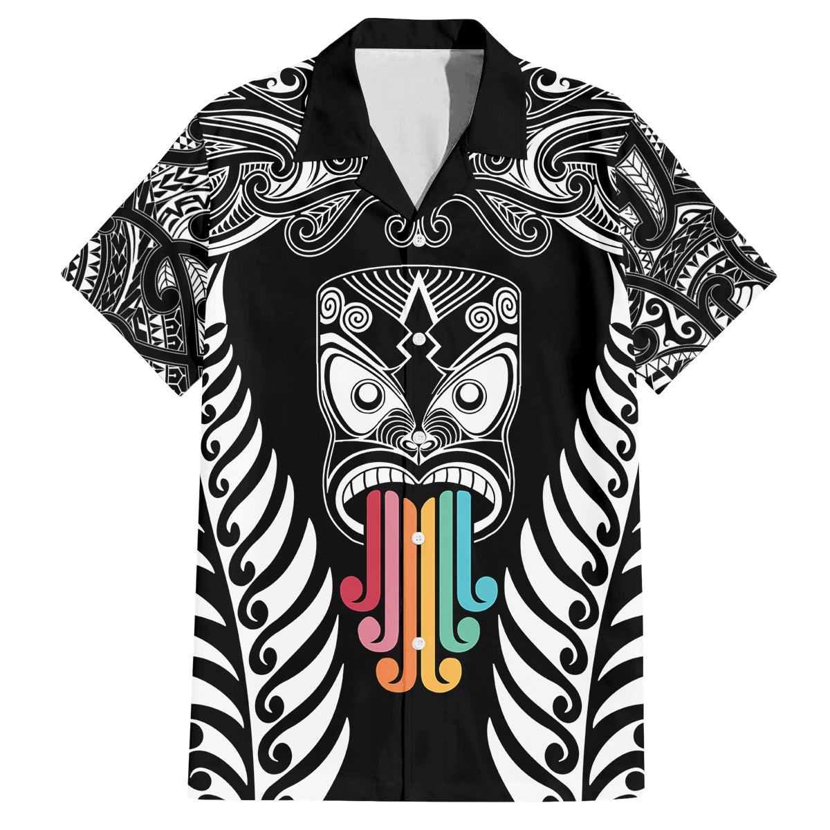 personalised-kia-kaha-te-reo-maori-kid-hawaiian-shirt-hei-tiki-mix-koru-black