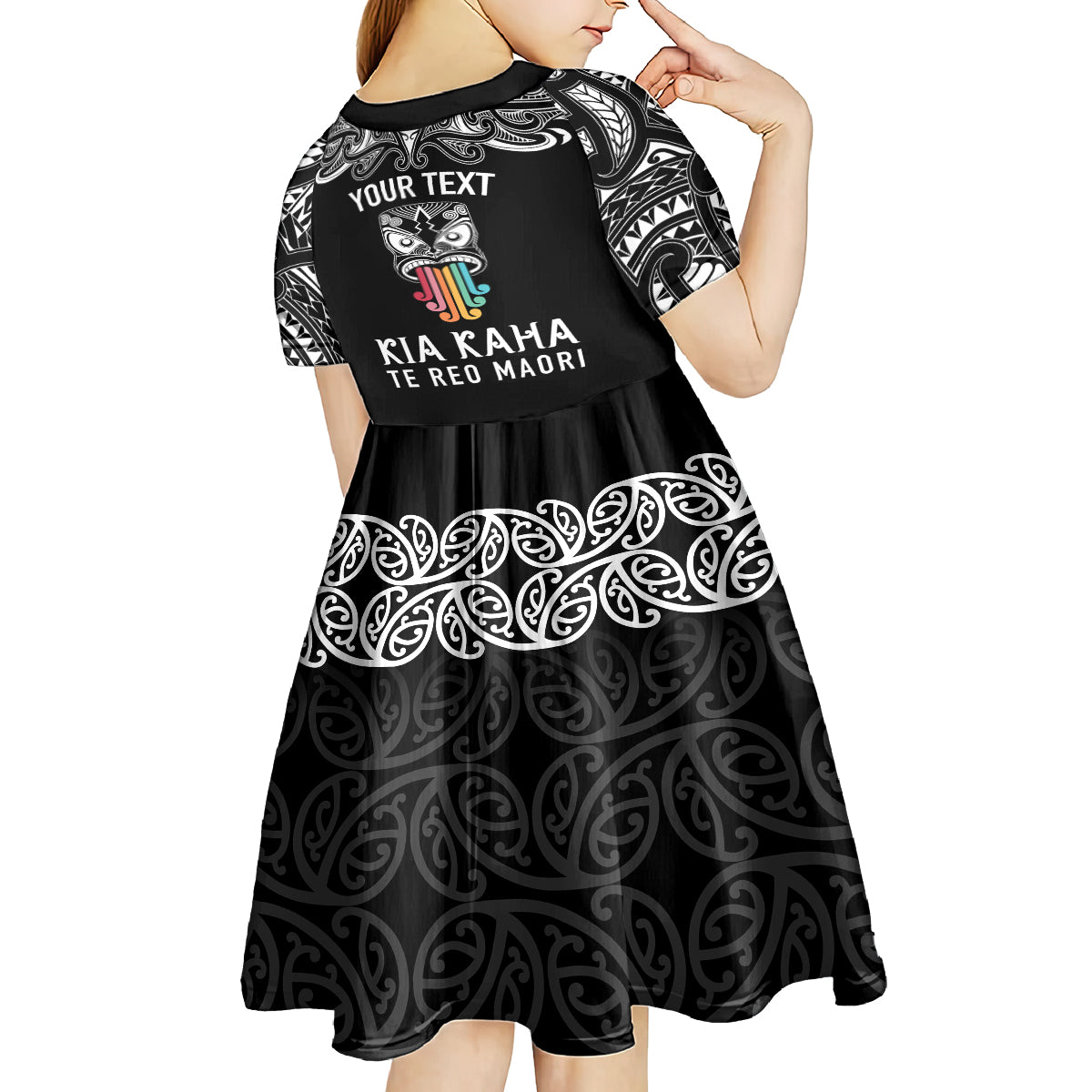 personalised-kia-kaha-te-reo-maori-kid-short-sleeve-dress-hei-tiki-mix-koru-black