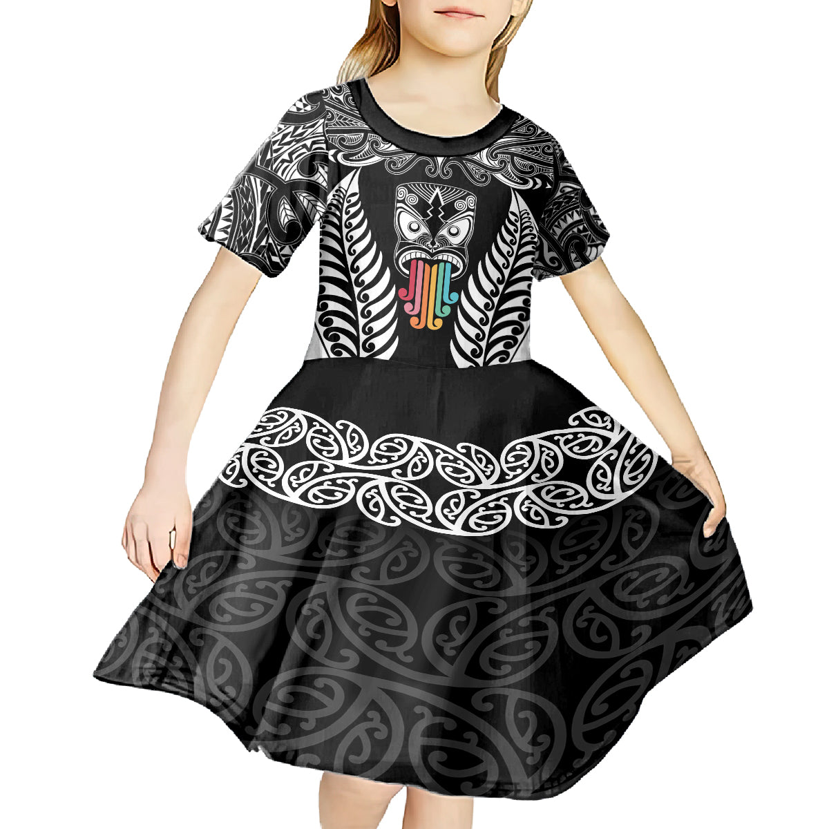 personalised-kia-kaha-te-reo-maori-kid-short-sleeve-dress-hei-tiki-mix-koru-black