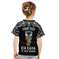 Personalised Kia Kaha Te Reo Maori Kid T Shirt Hei Tiki Mix Koru - Black LT7 - Polynesian Pride