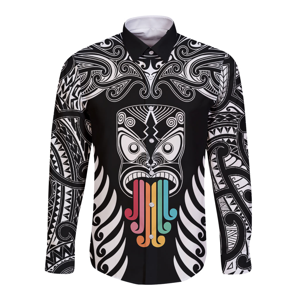 Personalised Kia Kaha Te Reo Maori Long Sleeve Button Shirt Hei Tiki Mix Koru - Black LT7 Unisex Black - Polynesian Pride