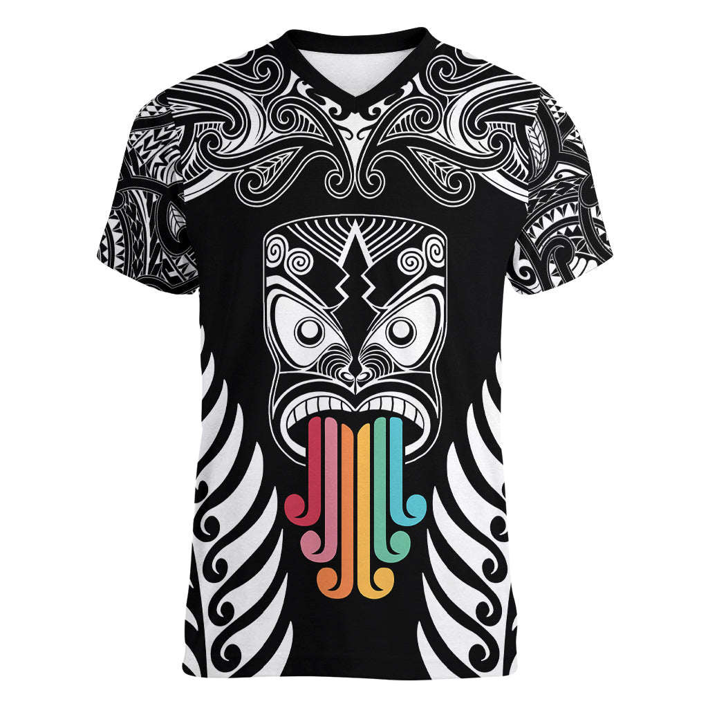 personalised-kia-kaha-te-reo-maori-women-v-neck-t-shirt-hei-tiki-mix-koru-black
