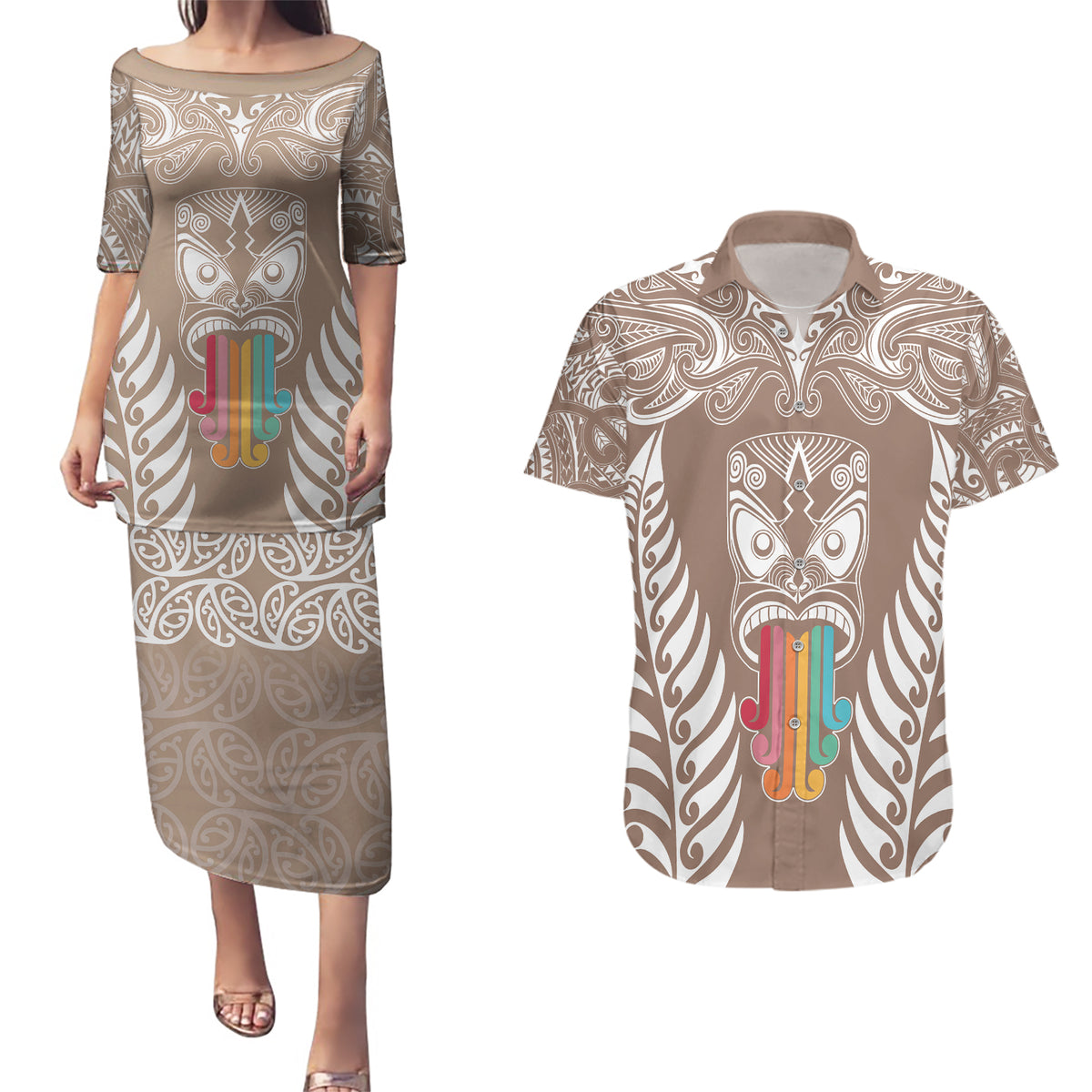 personalised-kia-kaha-te-reo-maori-couples-matching-puletasi-dress-and-hawaiian-shirt-hei-tiki-mix-koru-brown