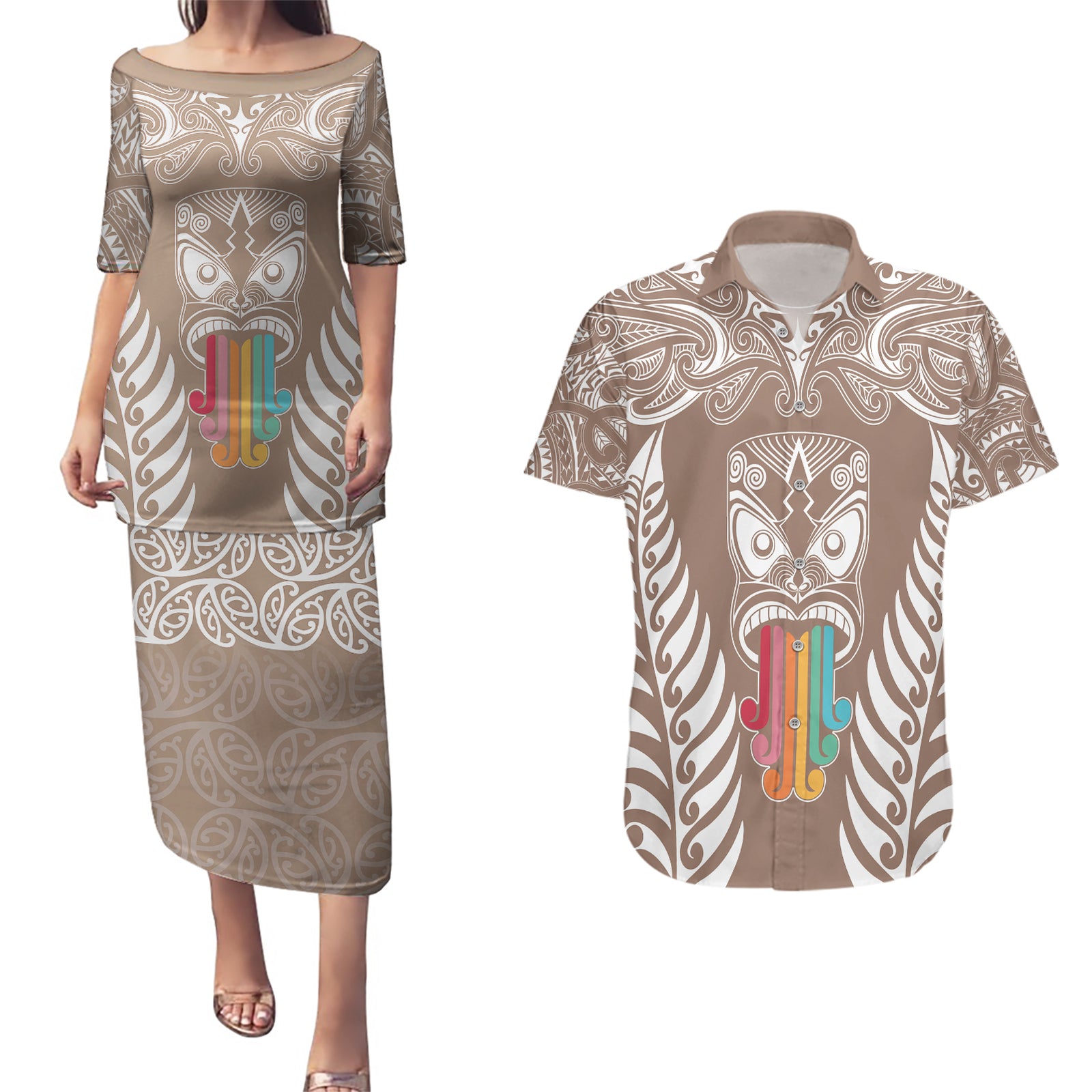 personalised-kia-kaha-te-reo-maori-couples-matching-puletasi-dress-and-hawaiian-shirt-hei-tiki-mix-koru-brown