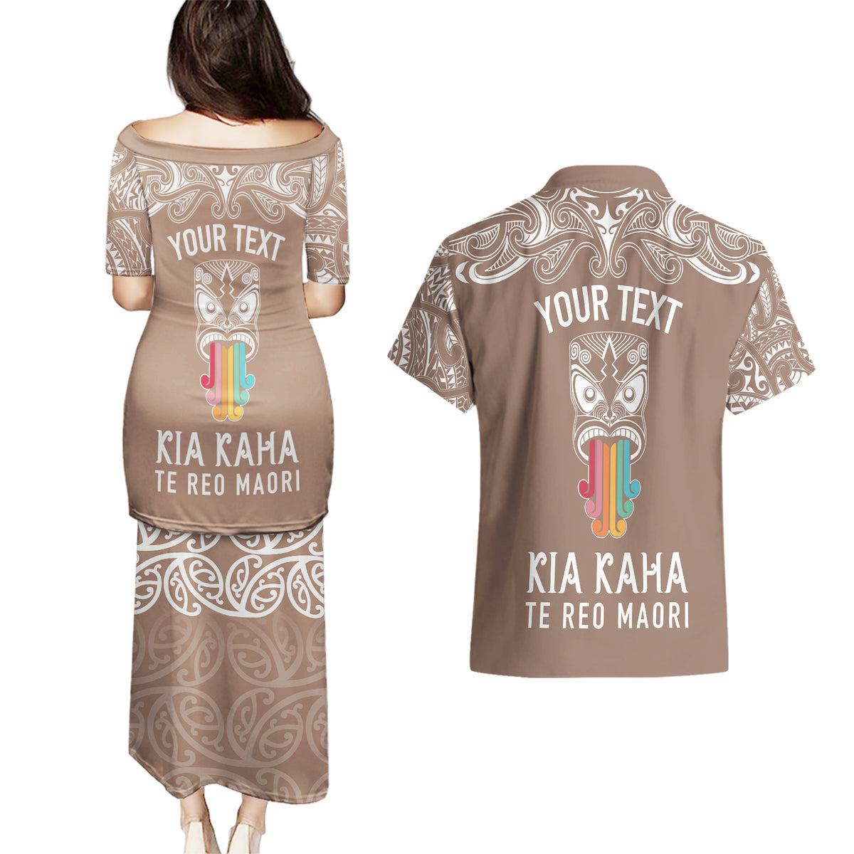 personalised-kia-kaha-te-reo-maori-couples-matching-puletasi-dress-and-hawaiian-shirt-hei-tiki-mix-koru-brown