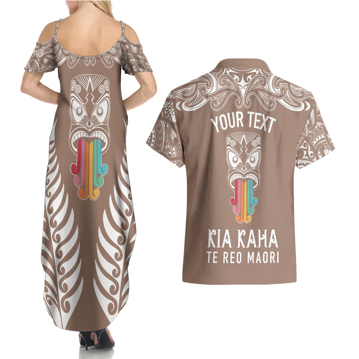 personalised-kia-kaha-te-reo-maori-couples-matching-summer-maxi-dress-and-hawaiian-shirt-hei-tiki-mix-koru-brown