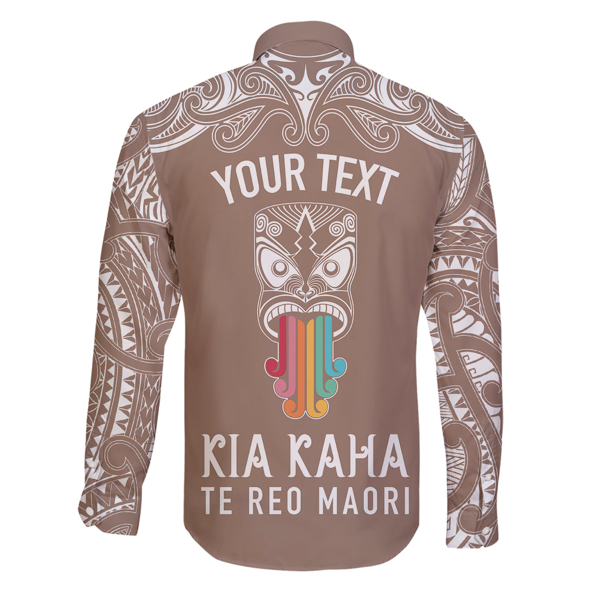 personalised-kia-kaha-te-reo-maori-family-matching-long-sleeve-bodycon-dress-and-hawaiian-shirt-hei-tiki-mix-koru-brown