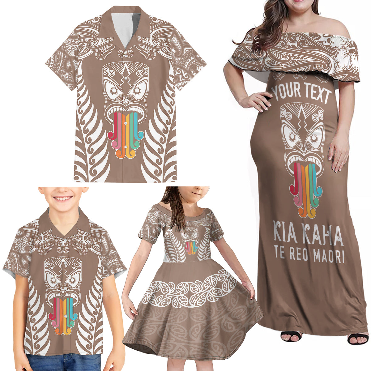 personalised-kia-kaha-te-reo-maori-family-matching-off-shoulder-maxi-dress-and-hawaiian-shirt-hei-tiki-mix-koru-brown