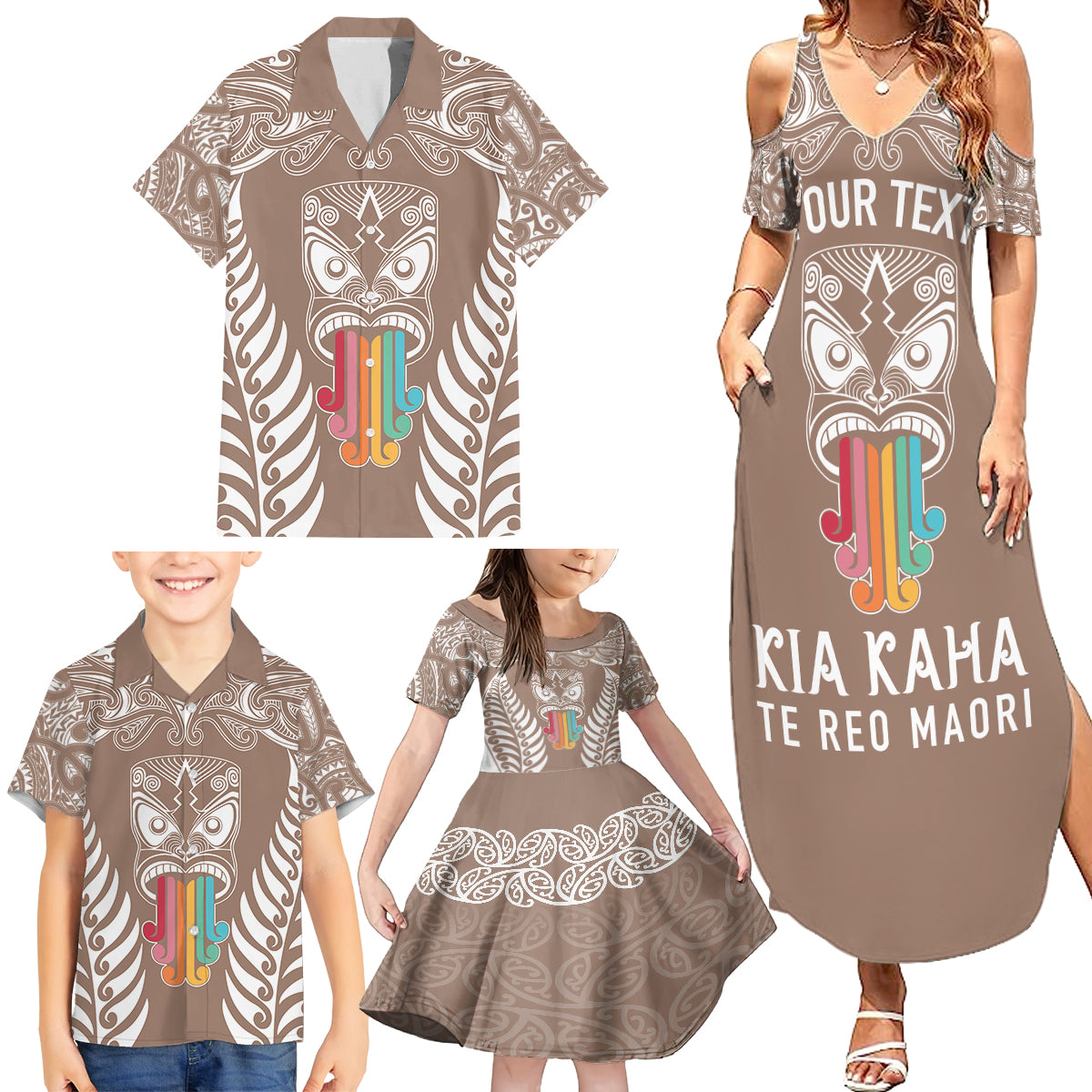 personalised-kia-kaha-te-reo-maori-family-matching-summer-maxi-dress-and-hawaiian-shirt-hei-tiki-mix-koru-brown