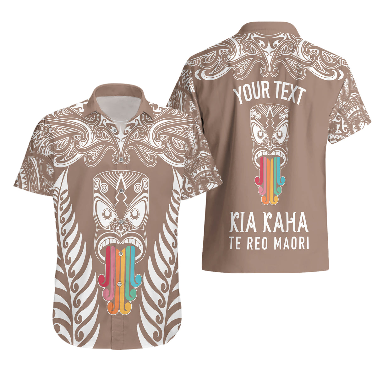 personalised-kia-kaha-te-reo-maori-hawaiian-shirt-hei-tiki-mix-koru-brown