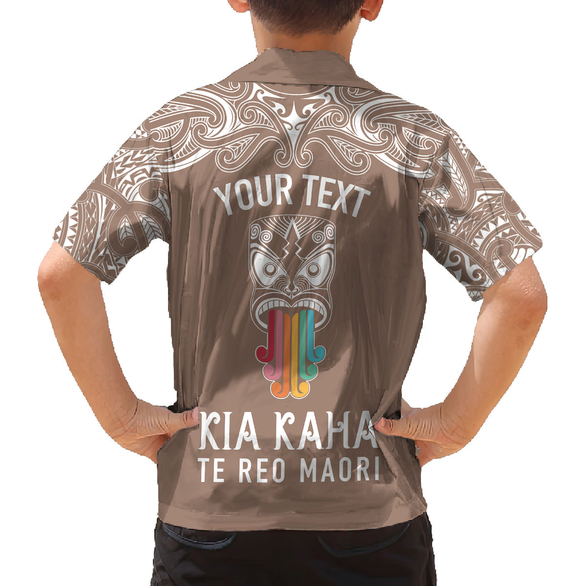 personalised-kia-kaha-te-reo-maori-kid-hawaiian-shirt-hei-tiki-mix-koru-brown