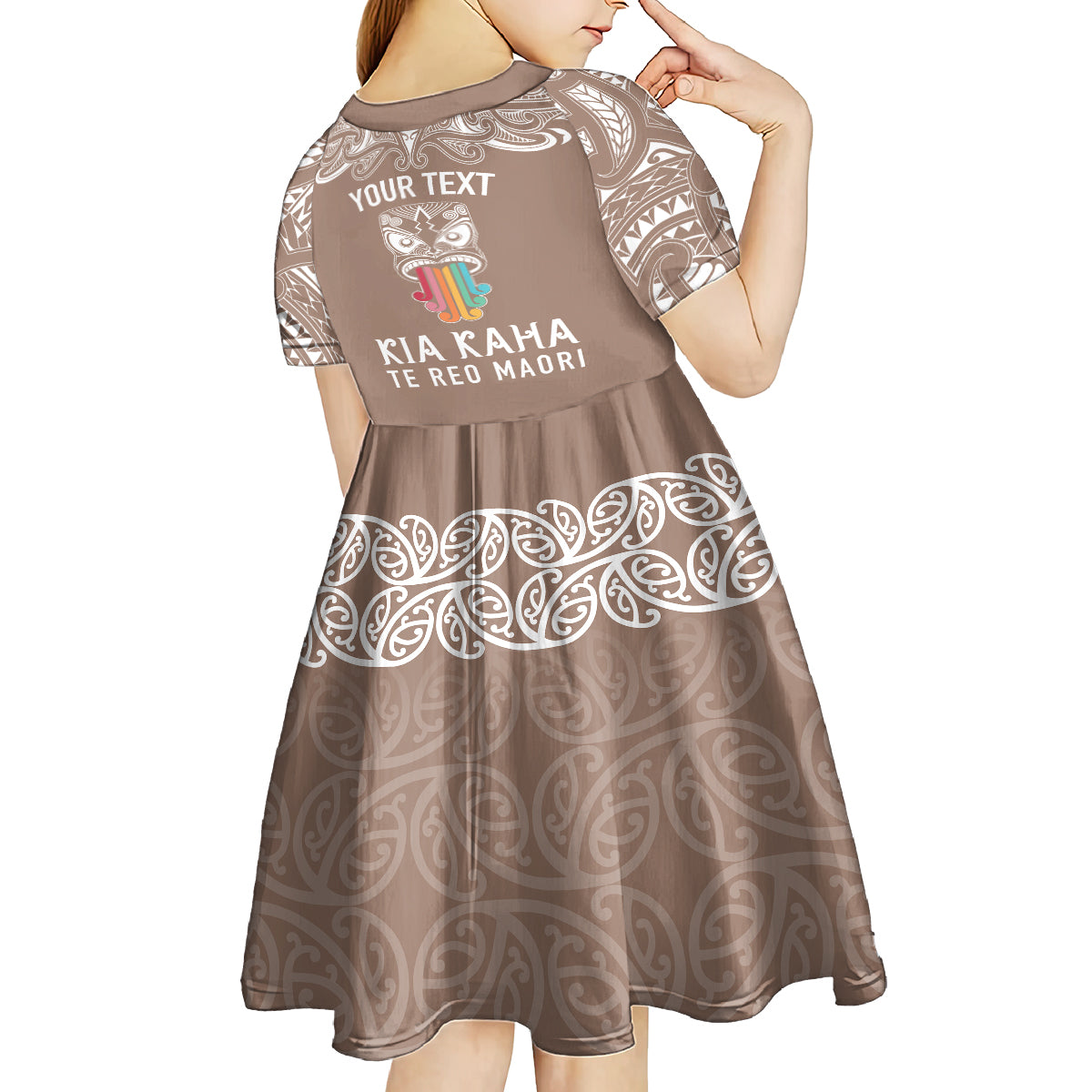 personalised-kia-kaha-te-reo-maori-kid-short-sleeve-dress-hei-tiki-mix-koru-brown