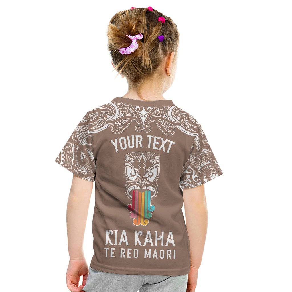 Personalised Kia Kaha Te Reo Maori Kid T Shirt Hei Tiki Mix Koru - Brown LT7 - Polynesian Pride