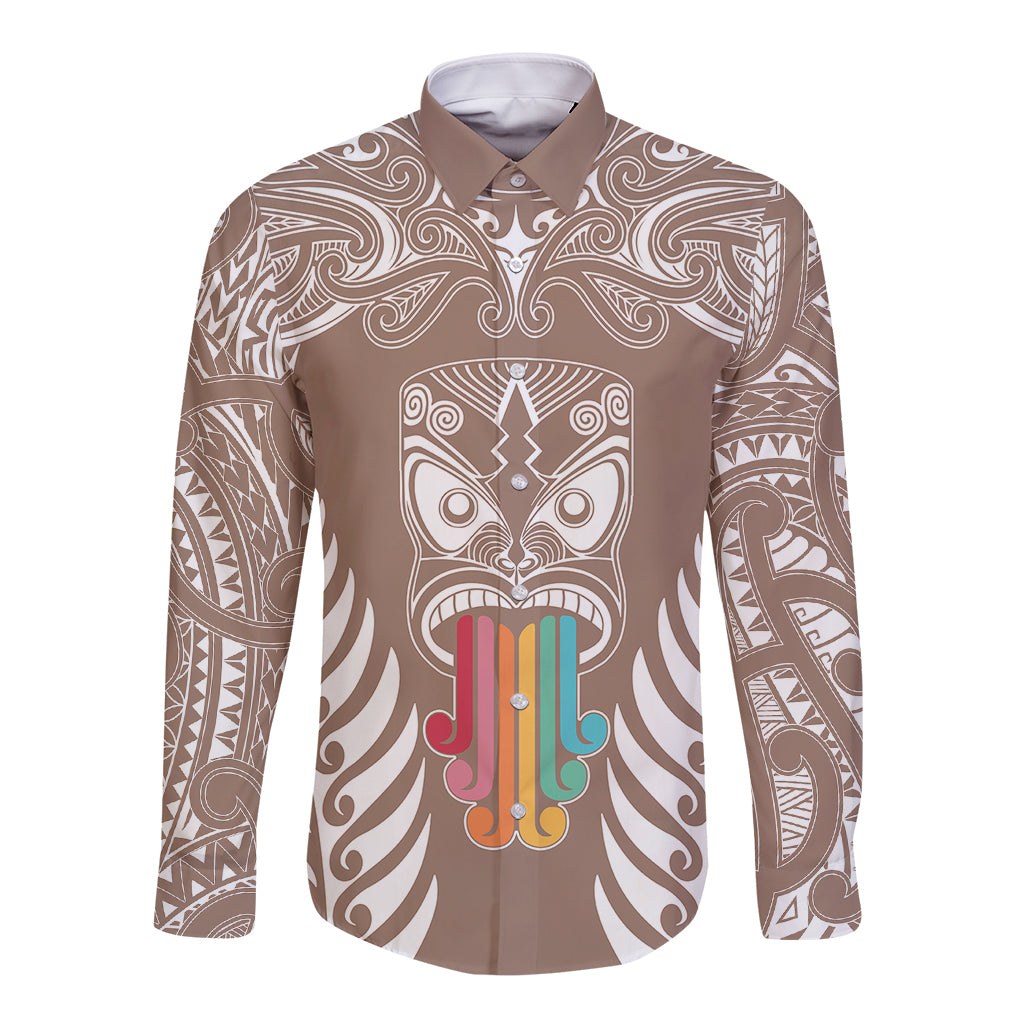 personalised-kia-kaha-te-reo-maori-long-sleeve-button-shirt-hei-tiki-mix-koru-brown