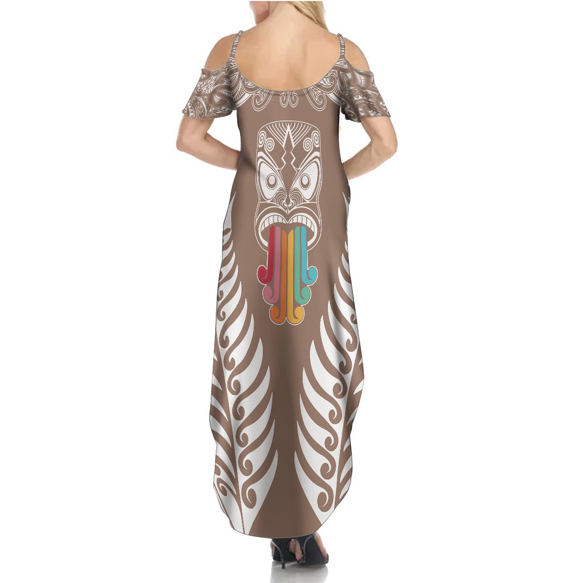 Personalised Kia Kaha Te Reo Maori Summer Maxi Dress Hei Tiki Mix Koru - Brown LT7 - Polynesian Pride
